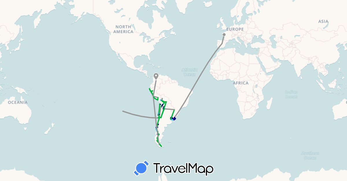 TravelMap itinerary: driving, bus, plane, cycling, hiking, boat in Argentina, Bolivia, Chile, Colombia, Spain, France, Peru, Uruguay (Europe, South America)